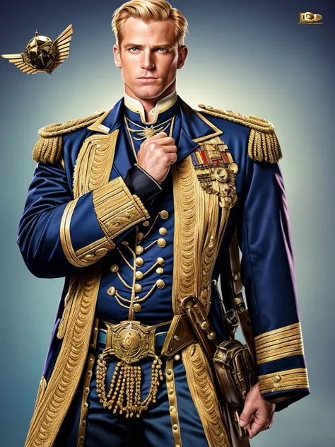 Bradley James handsome Victorian captain. The captain is 55 years old, muscular, blond, dressed in a ceremonial uniform, tight-f...