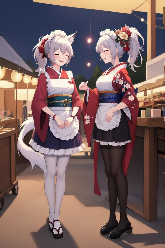 masterpiece, best quality, absurdres, perfect anatomy, mionewyears, ponytail, hair ornament, red kimono, flower print, white apron, frills, wrist cuffs, maid headdress, black pantyhose, wolf tail, outdoors, food stalls, festival, night, fireworks, closed eyes, smile, blush, arms behind back, 