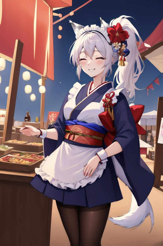 masterpiece, best quality, absurdres, perfect anatomy, mionewyears, ponytail, hair ornament, red kimono, flower print, white apron, frills, wrist cuffs, maid headdress, black pantyhose, wolf tail, outdoors, food stalls, festival, night, fireworks, closed eyes, smile, blush, arms behind back, 