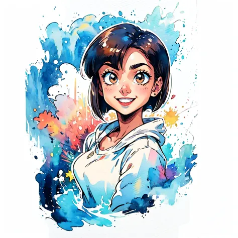 1girl, TendouNabiki, simple art, cute, watercolor, white background, looking at the viewer, , big smile