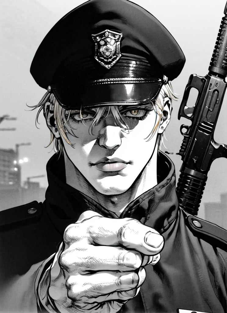 boichi manga style,  1boy, monochrome, greyscale, pointing gun, police uniform, white hair, ((masterpiece)), lips, eyes, ears, hair, hands, good hands, gun, holding a gun