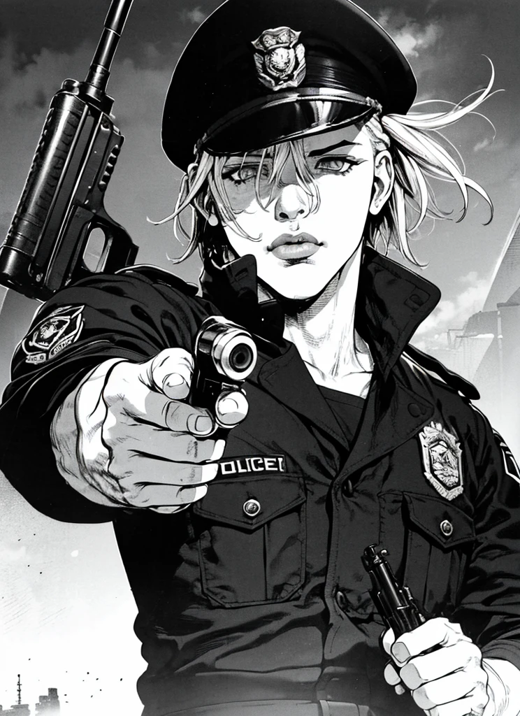 boichi manga style,  1boy, monochrome, greyscale, pointing gun, police uniform, white hair, ((masterpiece)), lips, eyes, ears, hair, hands, good hands, gun, holding a gun