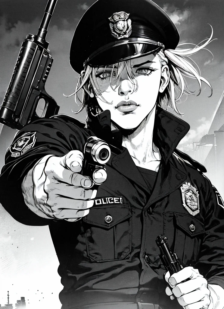 estilo manga boichi,  1 chico, monocromo, escala de grises, pointing pistola, uniforme de policia, white Cabello, ((Obra maestra)), Labios, eyes, orejas, Cabello, manos, good manos, pistola, holding a pistola