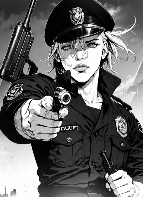 boichi manga style,  1boy, monochrome, greyscale, pointing gun, police uniform, white hair, ((masterpiece)), lips, eyes, ears, h...