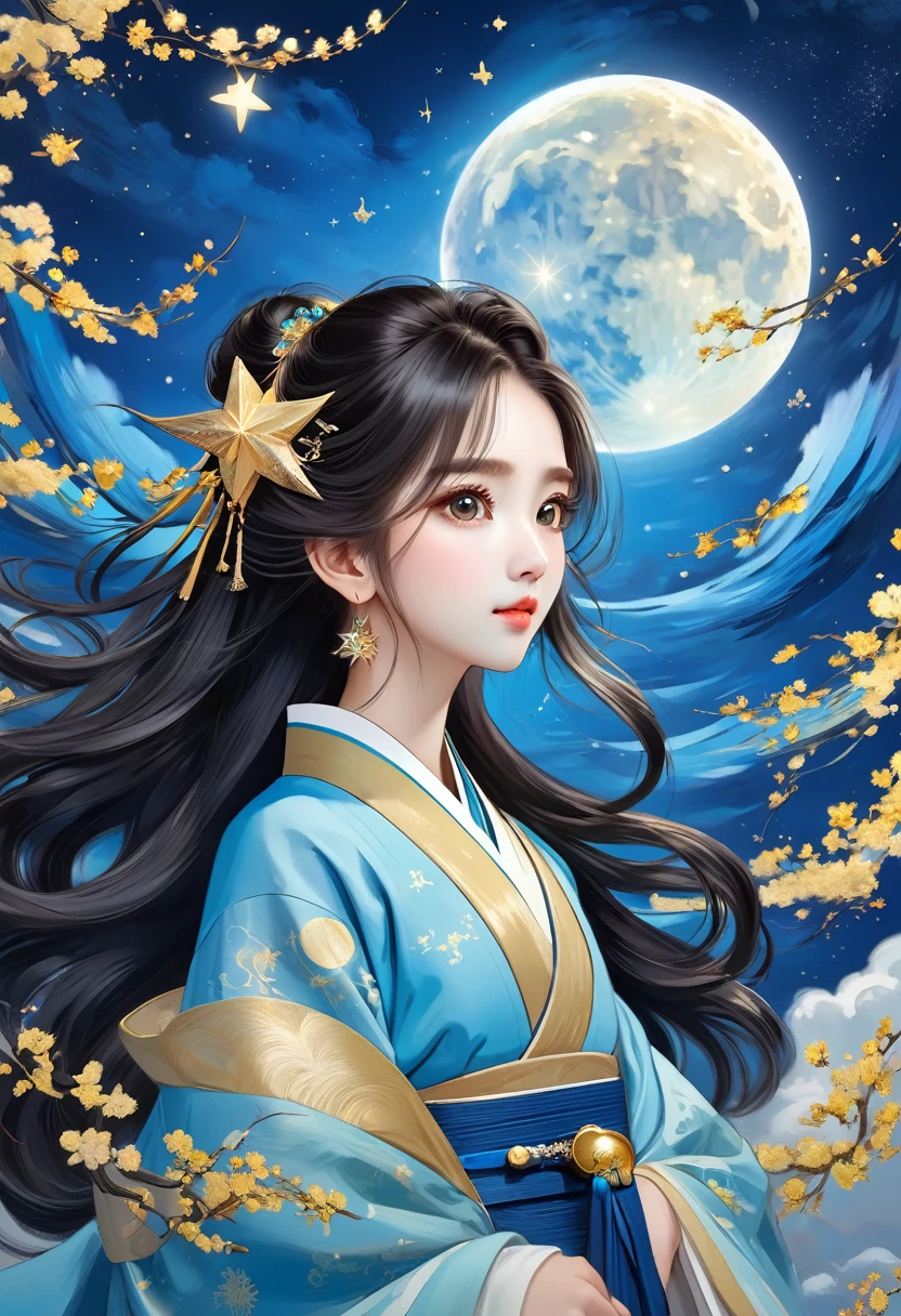 Hand-drawn style：粗糙的texture，1 Girl，Beautiful Face，Fluffy messy long hair，Surprise Hair，Big eyes，Bright Eyes，Delicate eyelashes，Hanfu，Human anatomy is correct。cloud，star，moon，Wyvern Ring：1.37，Beautiful details，texture，Blue and Gold，Immerse yourself in Van Gogh&#39;s art