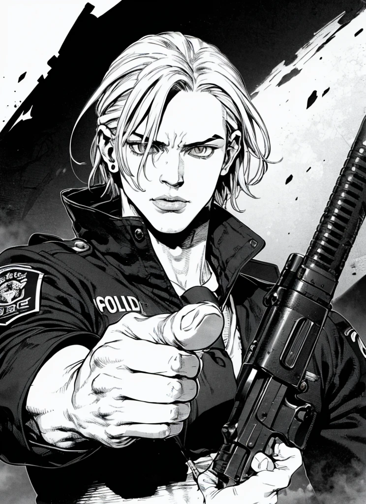 Style Boichi Manga,  1garçon, monochrome, niveaux de gris, pointing Pistolet, uniforme de police, white cheveux, ((chef-d&#39;œuvre)), lèvres, yeux, oreilles, cheveux, mains, good mains, Pistolet, holding a Pistolet