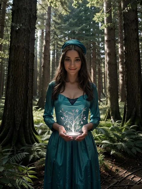 "Une belle sorcière se tient dans une forêt enchantée, entourée de végétation dense et d'arbres anciens. Elle porte un chapeau d...