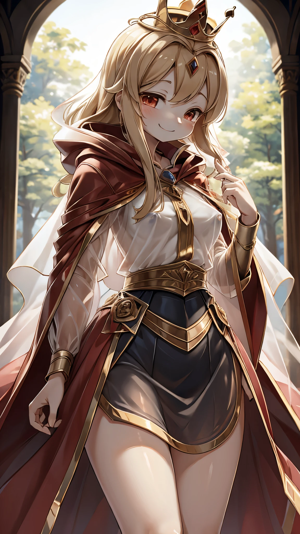 Queen，Innocent expression，Innocent smile，crown，redcloak，Blonde， red，redcloak，cloak，Transparent skirt，Transparent textured skirt，Transparent textured skirt，Transparent shirt，Transparent coat，Transparent coat，Transparent coat，Translucent raincoat，Bottom lining，内衬搭配Transparent coat，半Transparent coat，No nsfw content，Review，Transparent coat，Transparent textured skirt，内容Review