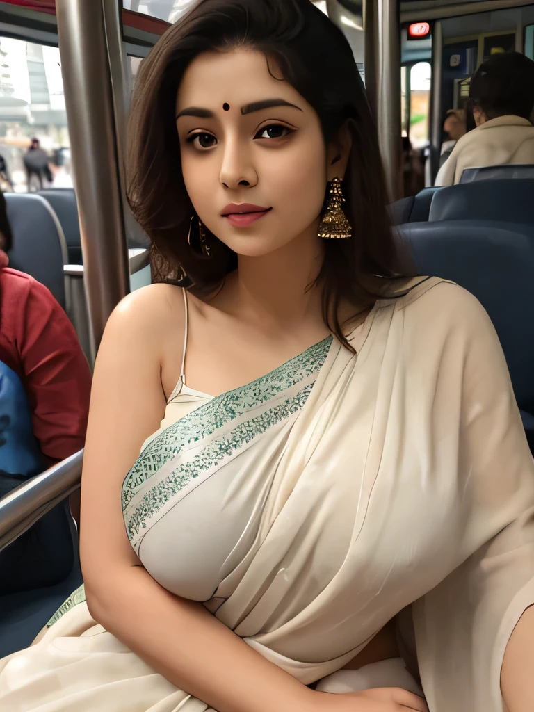 A close up of a woman in a white sari sitting on a bus - SeaArt AI