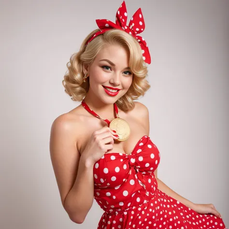 holding a big gold coin near her chest, sexy, attractive, smiling, blonde pin-up girl in a red dress with big polka dots, wavy s...