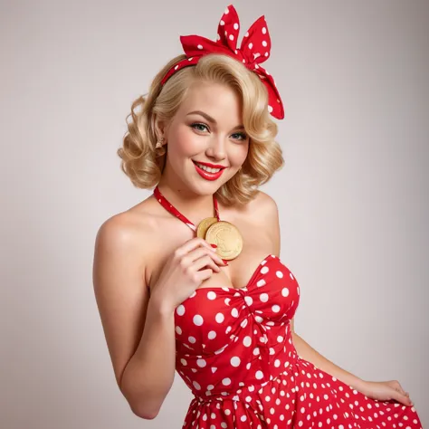 holding a big gold coin near her chest, sexy, attractive, smiling, blonde pin-up girl in a red dress with big polka dots, wavy s...