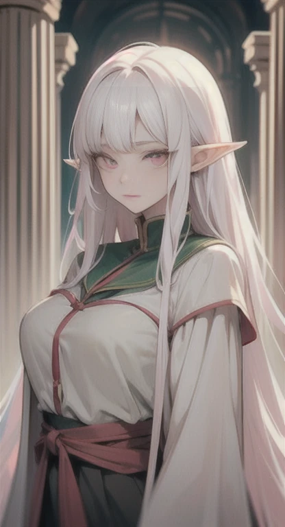 Ancient, long white hair, Pink eyes, elf, Princess Saria, Ancient uniform, students everywhere, looking at viewer, SFW,