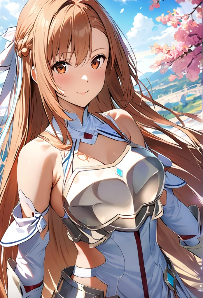 ((obra maestra)), de la máxima calidad, Muy detallado,(Una chica),Yuki Asuna、Asuna (Stacia), Ojos cafés, hombros descubiertos, coraza, armadura, mangas separadas, guantes, white guantes, vestido, (red and white vestido), pelo largo, hermoso fondo ,Ropa,  pecho, 