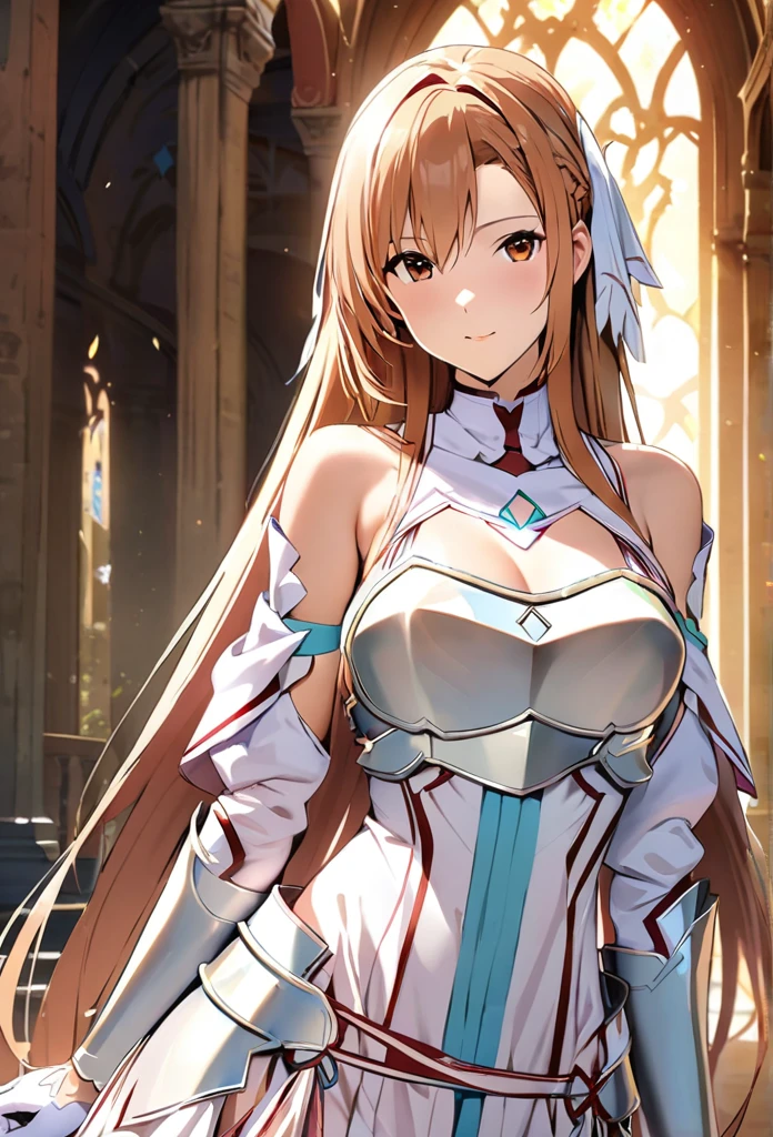 ((masterpiece)), Highest quality, Very detailed,(One Girl),Yuki Asuna、Asuna (Stacia), brown eyes, bare shoulders, breastplate, armor, detached sleeves, gloves, white gloves, dress, (red and white dress), Long Hair, Beautiful background ,Clothing,  chest, 