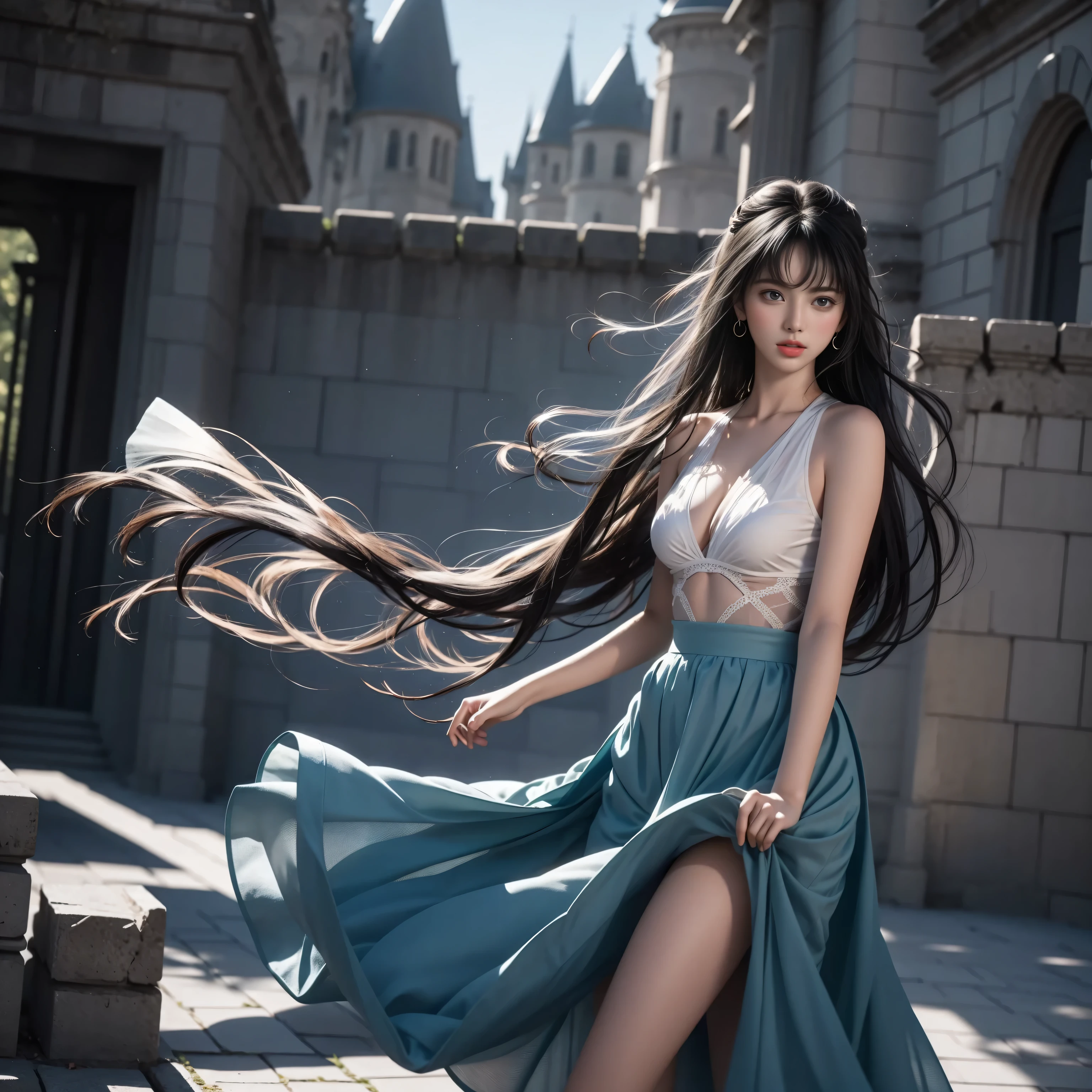 ((Girl standing in front of the wall of an old castle))、Fluorescent color、1 Girl、Look to the side、Beautiful Face、Beautiful Eyes、（Off the shoulder：1.2）、Upper Body、Shiny Hair、Glowing Skin、 Reduce glare、Adjusted finger proportions、escrow、ass pov、Dynamic Angle、(((Master Parts)))、(((Highest quality)))、(((Super-detailed))) detailed）、（An illustration）、（Detailed light）、（Very delicate and beautiful）、dramatic_Shadow、Ray_Tracking、reflection、 Ultra-high resolution、((Colorful and black hair mesh girls))、 Her hair flutters in the wind、(big deep blue eyes)、Black-haired woman、 Sparkling butterfly、Black-haired woman、Points of light around the woman、Magical Aura、Green dot、About Auras Nature、超Magical AuraBlack-haired woman,((Off the shoulder semi-transparent white dress:1.3))、(Sleevelesy skirt is flying up in the wind)),((An old European castle looms in the distance)),((White panties are visible)),