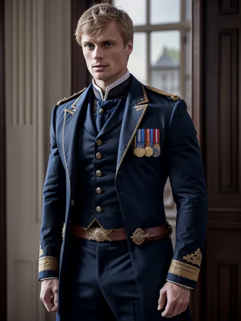 Bradley James handsome Victorian captain. The captain shirtless is 25 years old, muscular, blond, dressed in a ceremonial unifor...