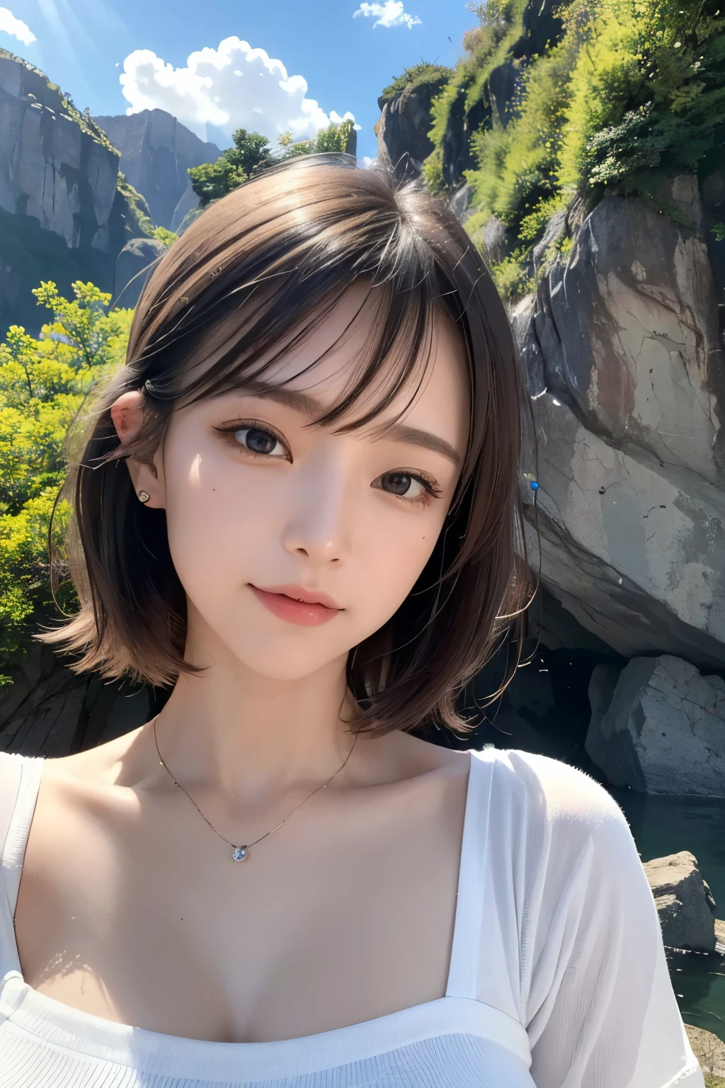 Ultra-high resolution、(masterpiece:1.3), (8K, Best image quality: 1.4)、 (Real:1.4)、One beautiful woman、Beautifully detailed eyes and skin、Light brown short hair、Strong winds、Hair swaying in the wind、Close-up of face、Summer Shirts、Small bust、White flowers in the meadow々、wood々White flowers、wood々Beyond the sea、Cloudy blue sky、Cliff rock face、Rocky Mountain、Soft afternoon sunshine、