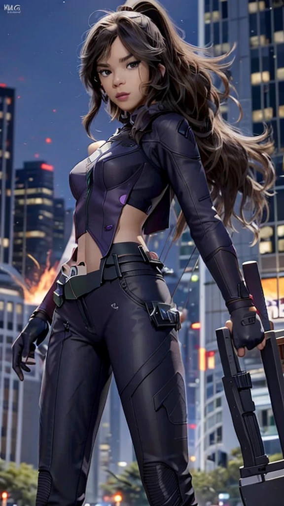 Kate Bishop Hawkeye, (hailee steinfeld), Avengers, marvel multiverse, classic suit, traje de super Hero, Bow and arrows, beautiful, YOUNG, sexy, very thin body, small and beautiful breasts, nalgas pequeñas y beautifuls, toned abdomen, small waist, Hero, powerful, fighting in New York City, very tall buildings, avengers tower building, alien invasion, Explosions, destruction, burning buildings, realist, Excellent quality, 4k, great definition, imagen realist com gran profundidad, Maximum details, 