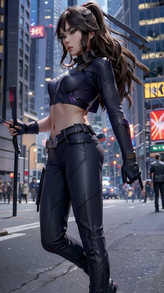 Kate Bishop Ojo de Halcón, (hailee steinfeld), vengadores, maravilla multiverso, traje clasico, traje de super Hero, arco y flechas, Hermoso, joven, sexy, Cuerpo muy delgado, small and Hermoso breasts, nalgas pequeñas y Hermosos, abdomen tonificado, cintura pequeña, Hero, poderoso, luchando en la ciudad de Nueva York, edificios muy altos, edificio de la torre de los vengadores, alien invasion, explosiones, destrucción, Edificios en llamas, realista, Excelente calidad, 4k, Gran definición, imagen realista com gran profundidad, máximos detalles, 