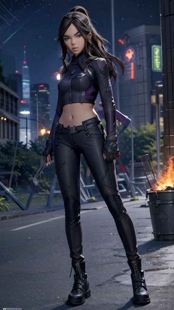 Kate Bishop Hawkeye, (hailee steinfeld), Avengers, marvel multiverse, classic suit, traje de super Hero, Bow and arrows, beautiful, YOUNG, sexy, very thin body, small and beautiful breasts, nalgas pequeñas y beautifuls, toned abdomen, small waist, Hero, powerful, fighting in New York City, very tall buildings, avengers tower building, alien invasion, Explosions, destruction, burning buildings, realist, Excellent quality, 4k, great definition, imagen realist com gran profundidad, Maximum details, 