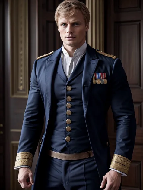 bradley james handsome victorian captain. the captain shirtless is 55 years old, muscular, blond, dressed in a ceremonial unifor...