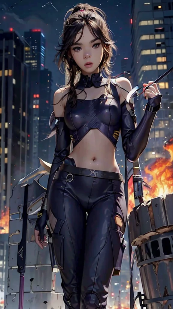 Kate Bishop Hawkeye, (hailee steinfeld), Avengers, marvel multiverse, classic suit, traje de super Hero, Bow and arrows, beautiful, YOUNG, sexy, very thin body, small and beautiful breasts, nalgas pequeñas y beautifuls, toned abdomen, small waist, Hero, powerful, fighting in New York City, very tall buildings, avengers tower building, alien invasion, Explosions, destruction, burning buildings, realist, Excellent quality, 4k, great definition, imagen realist com gran profundidad, Maximum details, 