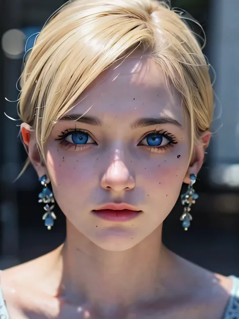 A very beautiful turkiye girl, blue eyes, blonde short hair, feeling depressed, face expression, wearing five earrings, Ultra hi...