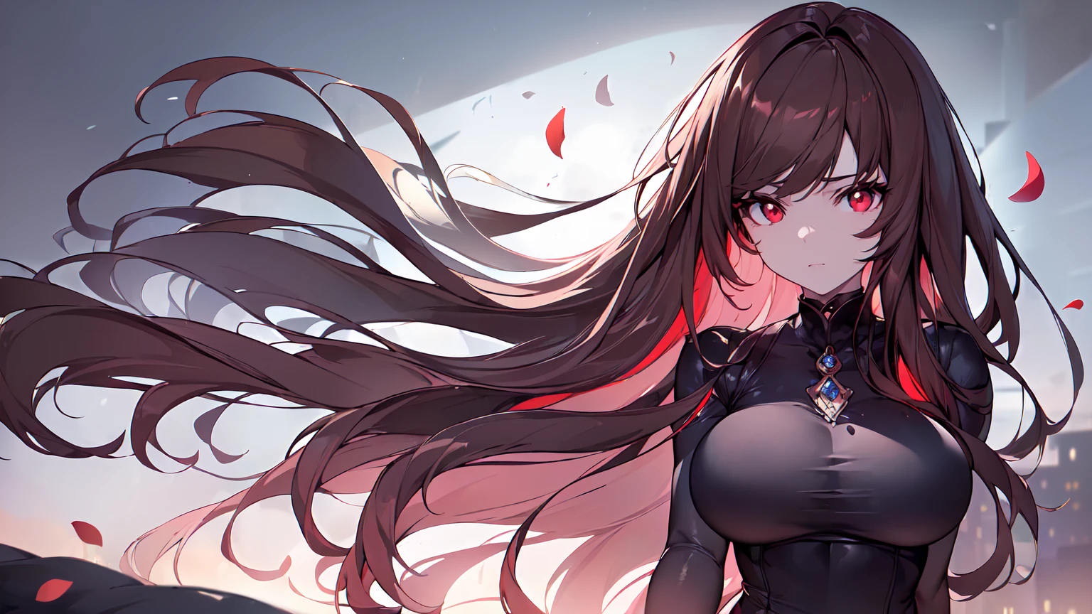 ((((Obra maestra, La mejor calidad, ultrahigh resolution)))), 1girl, standing,), ((long pure brown hair, hair over eye)), long hair cut, shiny skin, ((red eyes)), glowing_eyes, neon eyes, (ultra detailed eyes:0.7, beautiful and detailed face, detailed eyes:0.9), ((centered)), smirk, facing viewer, ((vibrant background, dark lighting, summer, sunlight)), large chested, looking at viewer, ((half closed eyes)), ((perfect hands)), (((head:1, arms, hips in view, elbows, in view))), ((hands behind back)), empty eyes, beautiful lighting, ((outside, outdoors)), defined subject, head tilt, (((gritty)), ((creepy)), ((cool)), ((beautiful)), (((SFW))), hair ornament, petals in the air, moon in the sky, city, mature woman, adult woman, sfw, pink and white dress, night dress, she is a princess