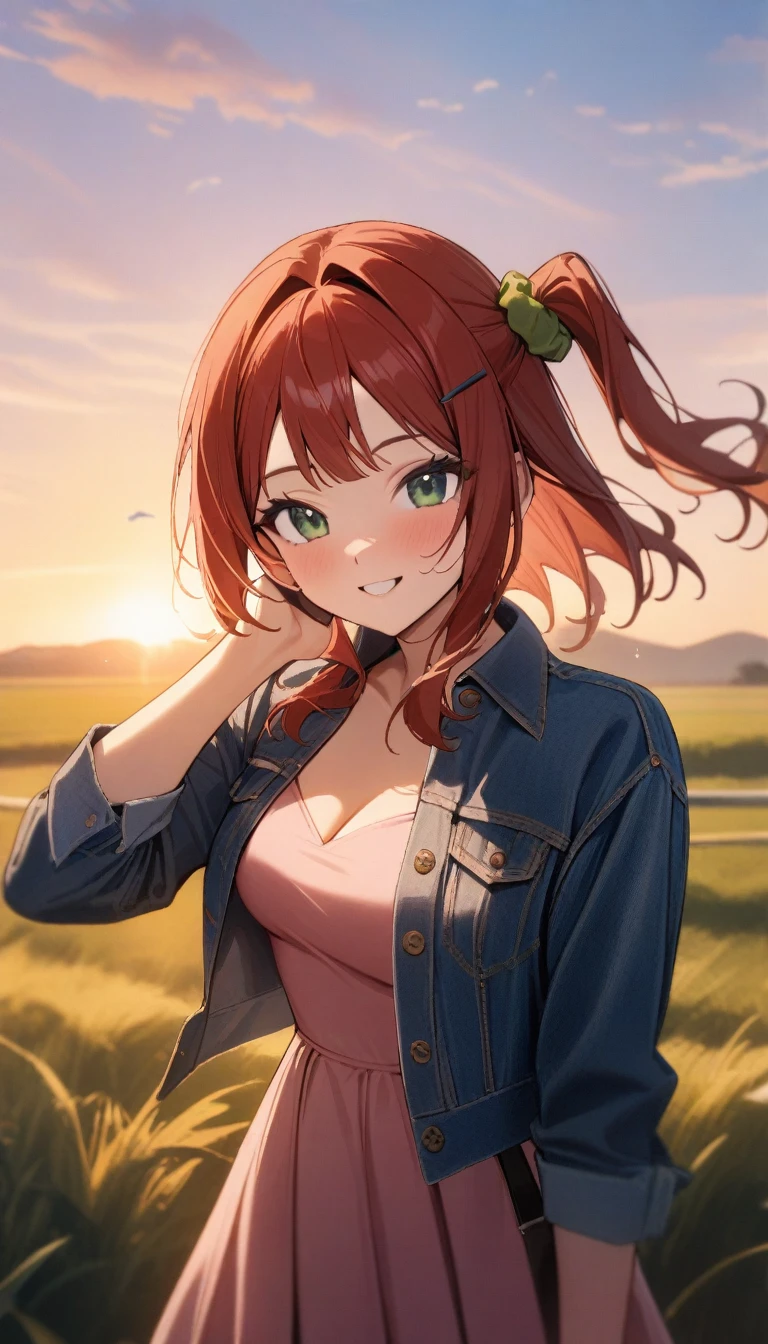 1girl, sakimiya iruka, dolphin wave, green eyes, red hair, one side up, hair ornament, green scrunchie,
pink dress, denim jacket, hand on own cheek, smile, sunrise, grass, wind,
masterpiece, best quality, very aesthetic, newest, cinematic lighting, highres, absurdres, incredibly absurdres 