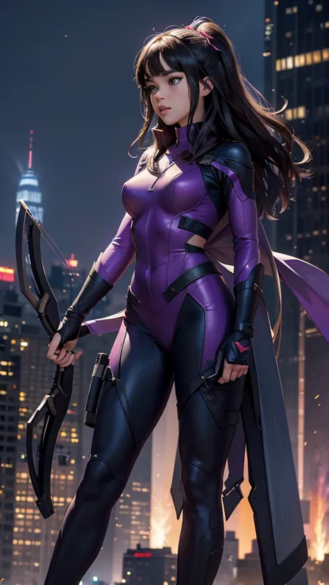 kate bishop, a young woman with hailee steinfeld's face, wearing a classic sexy superhero suit, holding a bow and arrows, fighti...