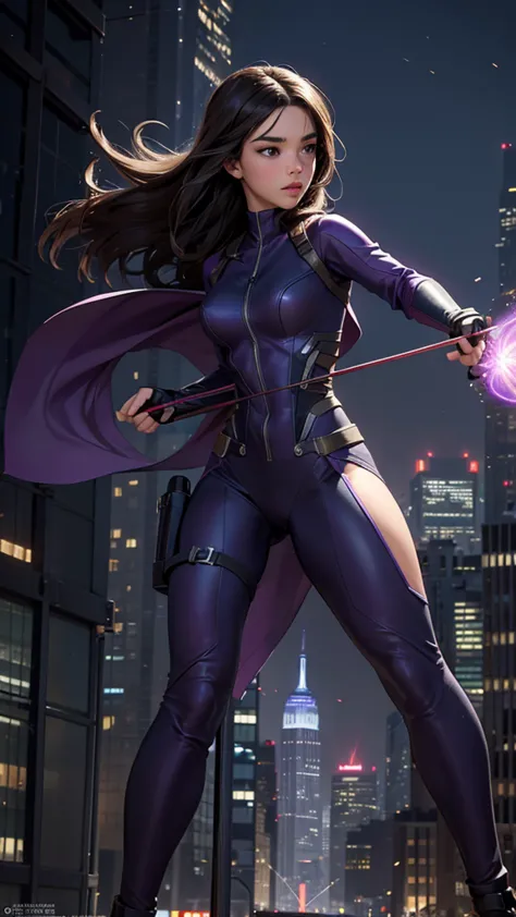 kate bishop, a young sexy woman with hailee steinfeld's face, skinny body, powerful, beautiful, marvel avenger, wearing a classi...