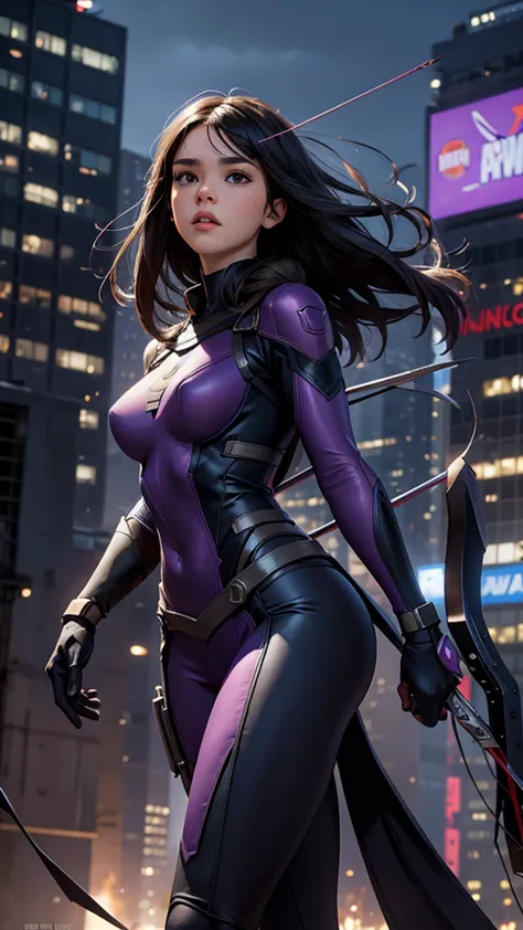 kate bishop, a young sexy woman with hailee steinfeld's face, skinny body, powerful, beautiful, marvel avenger, wearing a classi...