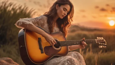 ((best quality)), ((masterpiece)),(detail), perfect face, full body shot of a beautiful woman playing guitar, clear face, clear ...