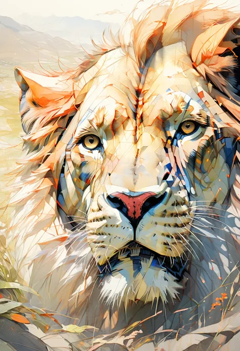 (highest quality:0.8), (highest quality:0.8), perfect illustration,close-up portrait of a lion、grassland