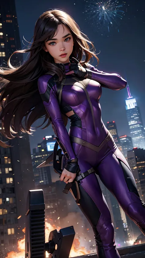 kate bishop, a young sexy woman with hailee steinfeld's face, skinny body, powerful, beautiful, marvel avenger, wearing a classi...