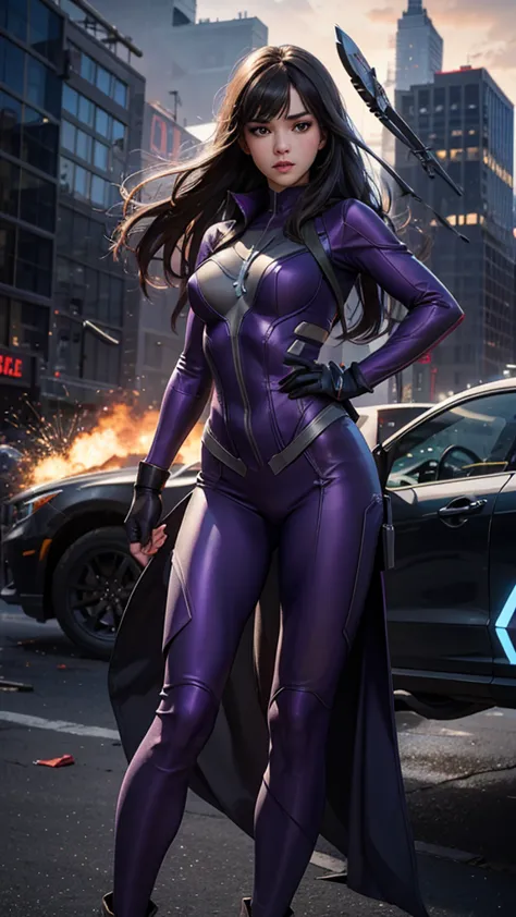 kate bishop, a young sexy woman with hailee steinfeld's face, skinny body, powerful, beautiful, marvel avenger, wearing a classi...