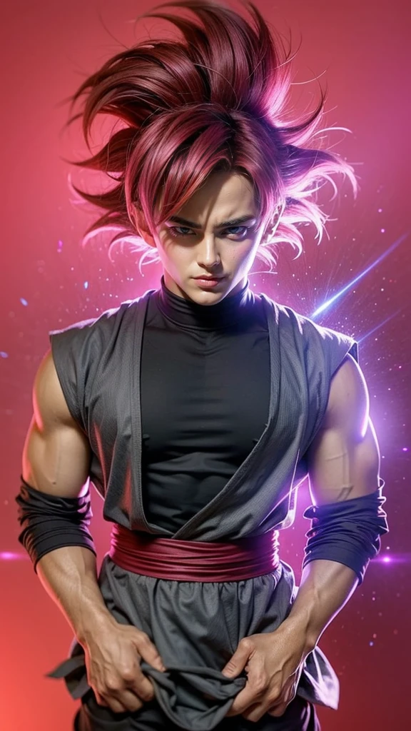 ((masterpiece, best quality)),(complex light), 1boy,solo,upper body, goku black,pink hair,pink eyes, destroyed debris background,red aura, cinematic