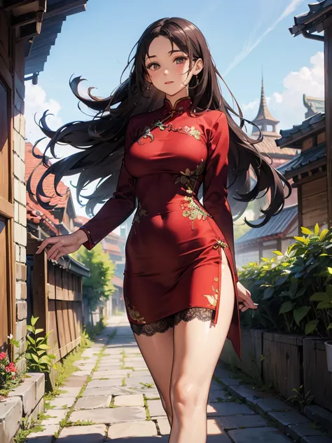 beautiful, perfect body proportions, curvaceous, slim, red lace cheongsam with black linings, wavy hair flowing in the wind, det...