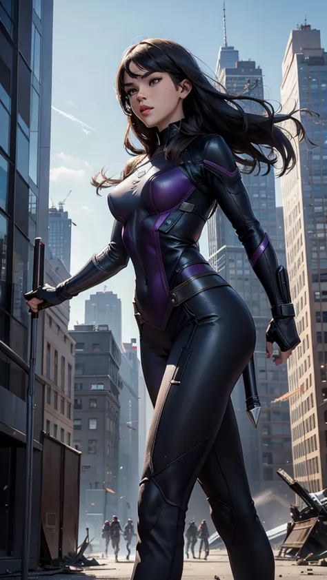 kate bishop, a young sexy woman with hailee steinfeld's face, skinny body, powerful, beautiful, marvel avenger, wearing a classi...