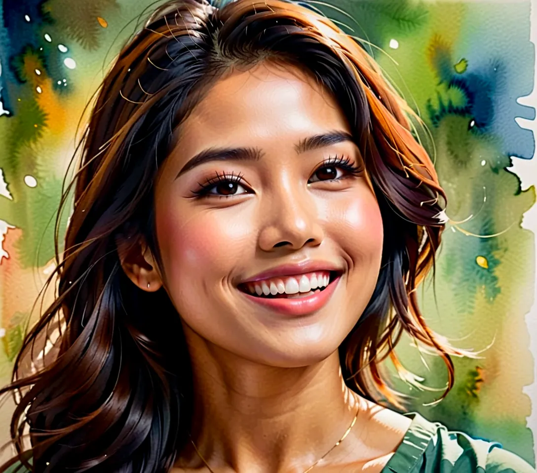 Side view of a young Asian woman(Thai)Smiling cheerfully, happy and fulfilled.,watercolor,abstract art,greatly exaggerated