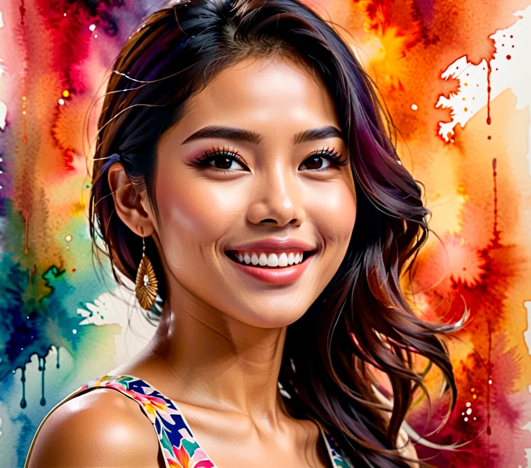 Side view of a young Asian woman(Thai)Smiling cheerfully, happy and fulfilled.,watercolor,abstract art,greatly exaggerated