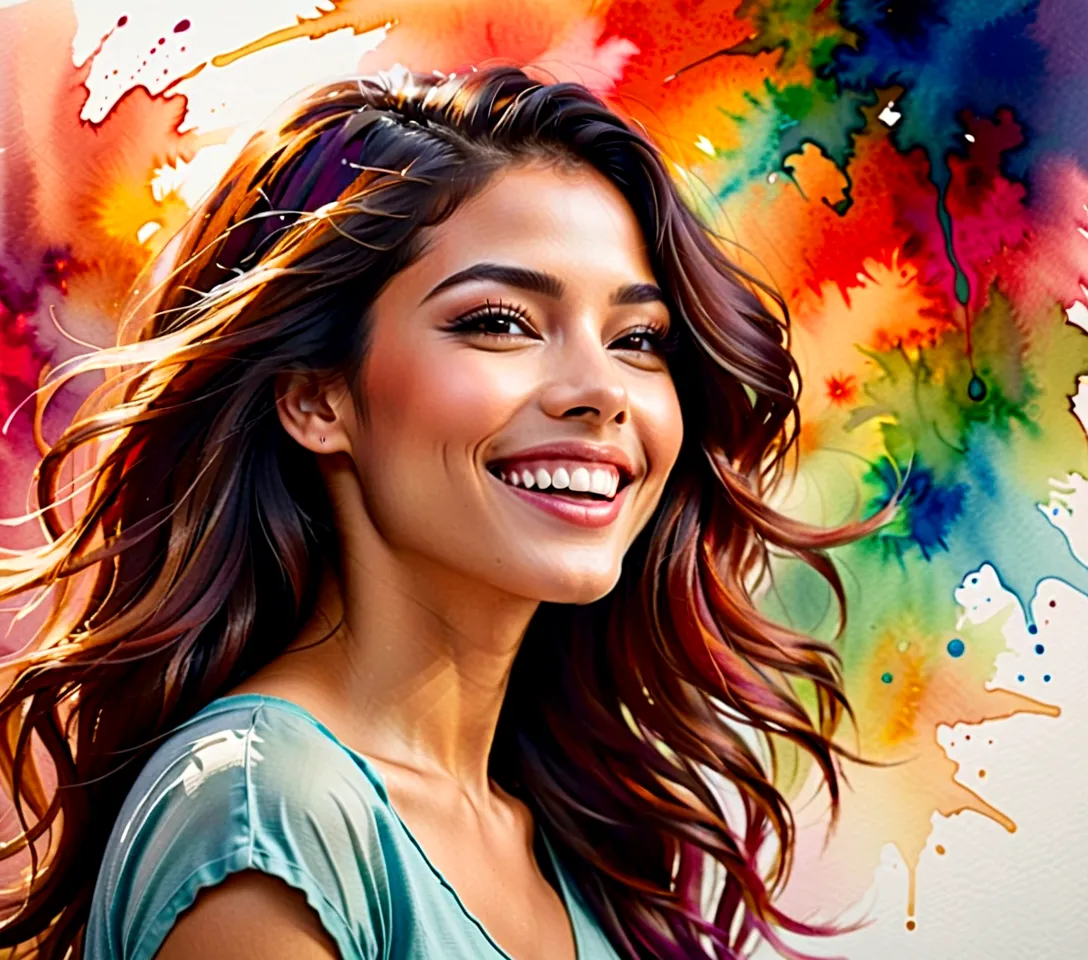 Side view of young woman smiling cheerfully, happy, fulfilled.,watercolor,abstract art,greatly exaggerated