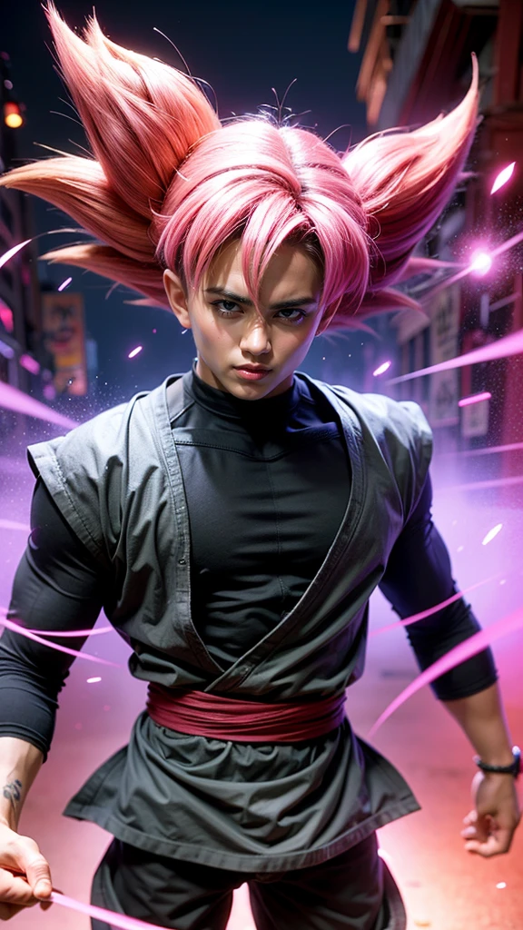 ((masterpiece, best quality)),(complex light), 1boy,solo,upper body, goku black,pink hair,pink eyes, destroyed debris background,red aura, cinematic