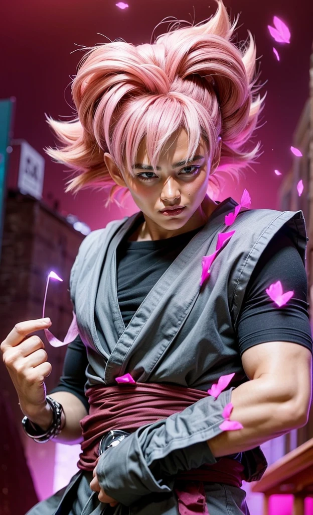 ((masterpiece, best quality)),(complex light), 1boy,solo,upper body, goku black,evil smile, pink hair,pink eyes, destroyed debris background,red aura, cinematic