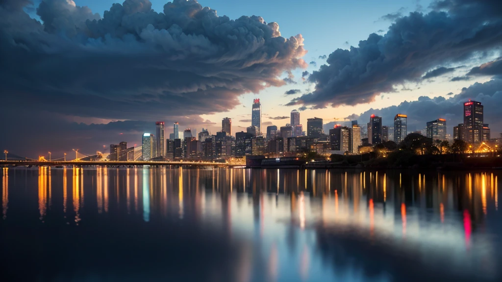 A dramatic scene of a city during a lunar eclipse, (best quality,4k,8k,highres,masterpiece:1.2),ultra-detailed,(realistic,photorealistic,photo-realistic:1.37),intricate futuristic cityscape,modern architecture,glowing moonlight,dramatic cloud formations,silhouetted buildings,neon lights,reflections in puddles,cinematic composition,moody atmosphere,vibrant colors,dramatic lighting