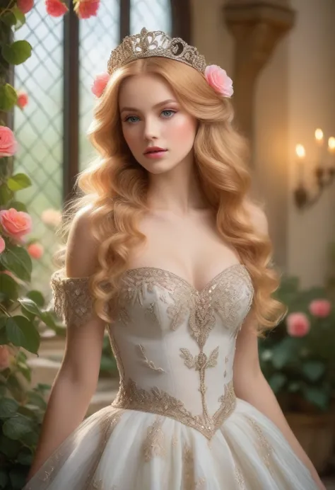 princess in blissful languor, beautiful detailed eyes, beautiful detailed lips, flowing gown, dreamy expression, golden hair cas...