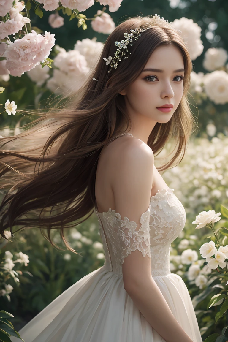 a beautiful princess in a dreamy garden, thoughtful expression, long flowing hair, elegant dress, white flowers, soft lighting, romantic atmosphere, intricate details, realistic portrait, award-winning digital art, vibrant colors, cinematic composition, photorealistic, highly detailed, 8k, masterpiece