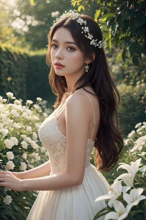 a beautiful princess in a dreamy garden, thoughtful expression, long flowing hair, elegant dress, white flowers, soft lighting, ...