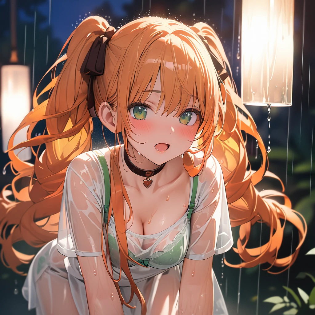 masterpiece, best quality, very detailed, high resolution, expensive resolution, high resolution, 4K, 8k, Unity 8k wallpaper, highly detailed CG, masterpiece, 2D, beautiful details, depth, fine texture, best quality: 1.3, perfect focus, transparent skin, him, rain, wet, wet clothes: 1.2
Very cute anime girl, (white blouse wet from pouring rain, miniskirt), medium breasts, expensive twin tails hair, one girl, rain, (raindrops dripping from wet hair, bra visible through thin blouse wet from rain, miniskirt), looks at the viewer, expensive, blush, open lips, heart, green eyes, orange hair, choker, white transparent bra