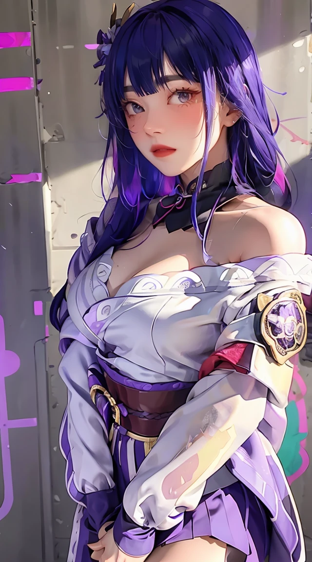 (masterpiece, best quality, 1girl, solo, intricate details, chromatic aberration), realistic, ((medium breath)),long hair, purple hair, purple head ornament, purple highlights, hair over one eye, green eyes, sharp eyes, choker, neon shirt, torn legwear, open jacket, turtleneck sweater, against wall, brick wall, graffiti, dim lighting, alley ,look at viewer,